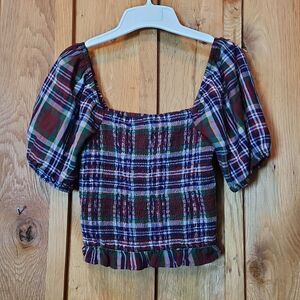 American Eagle Puffed Sleeve Ruffle Smock Halter Crop Top, XS, Red Green Plaid